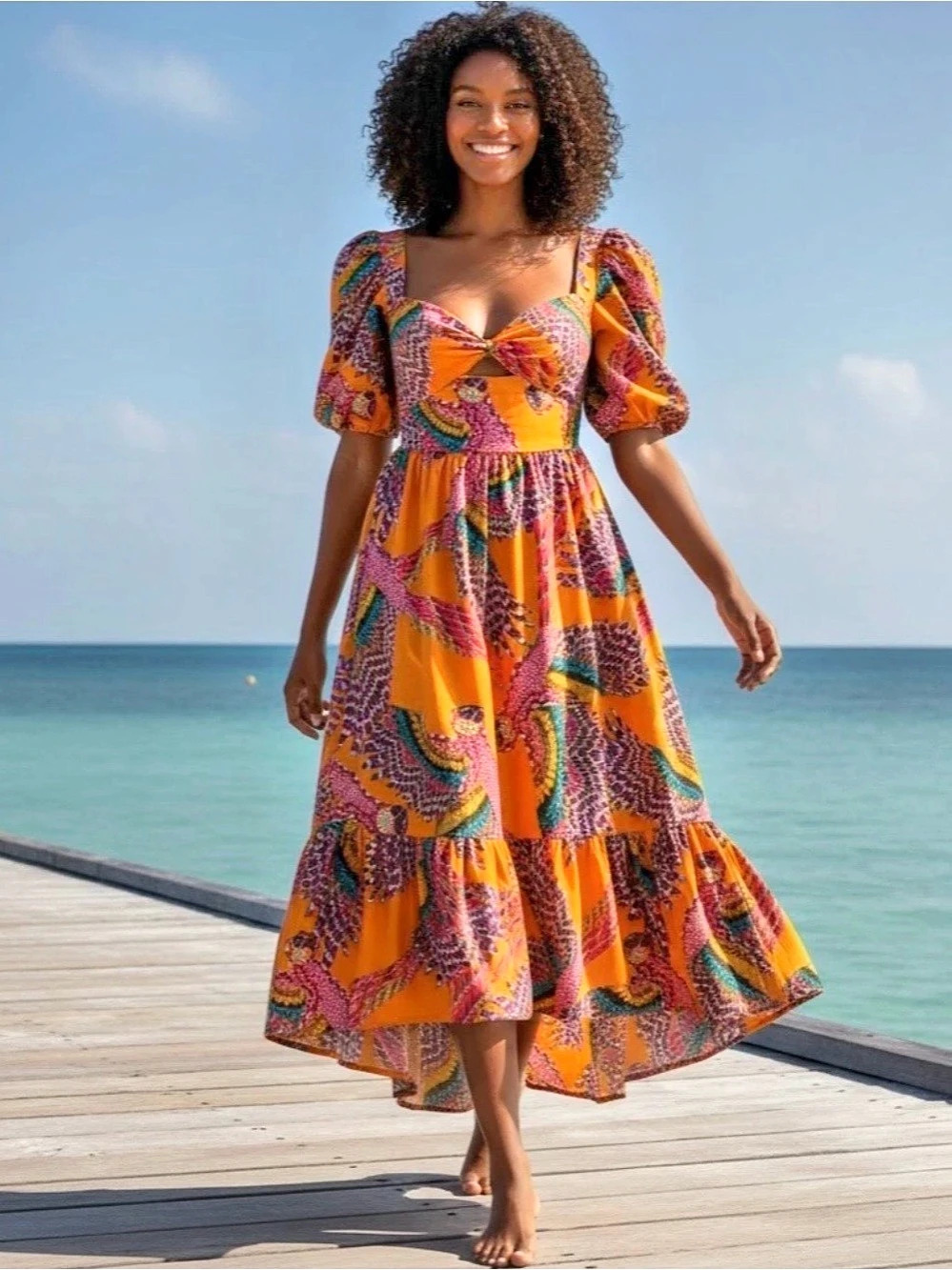 FARM Rio Fresh Macaws Orange Midi Dress Size S